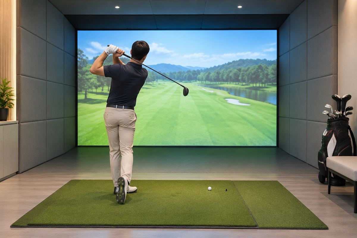 Golfer swinging in a private simulator bay
