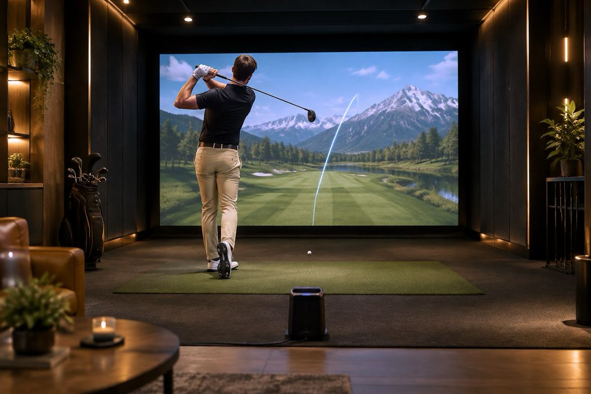 TrackMan launch monitor behind the hitting mat