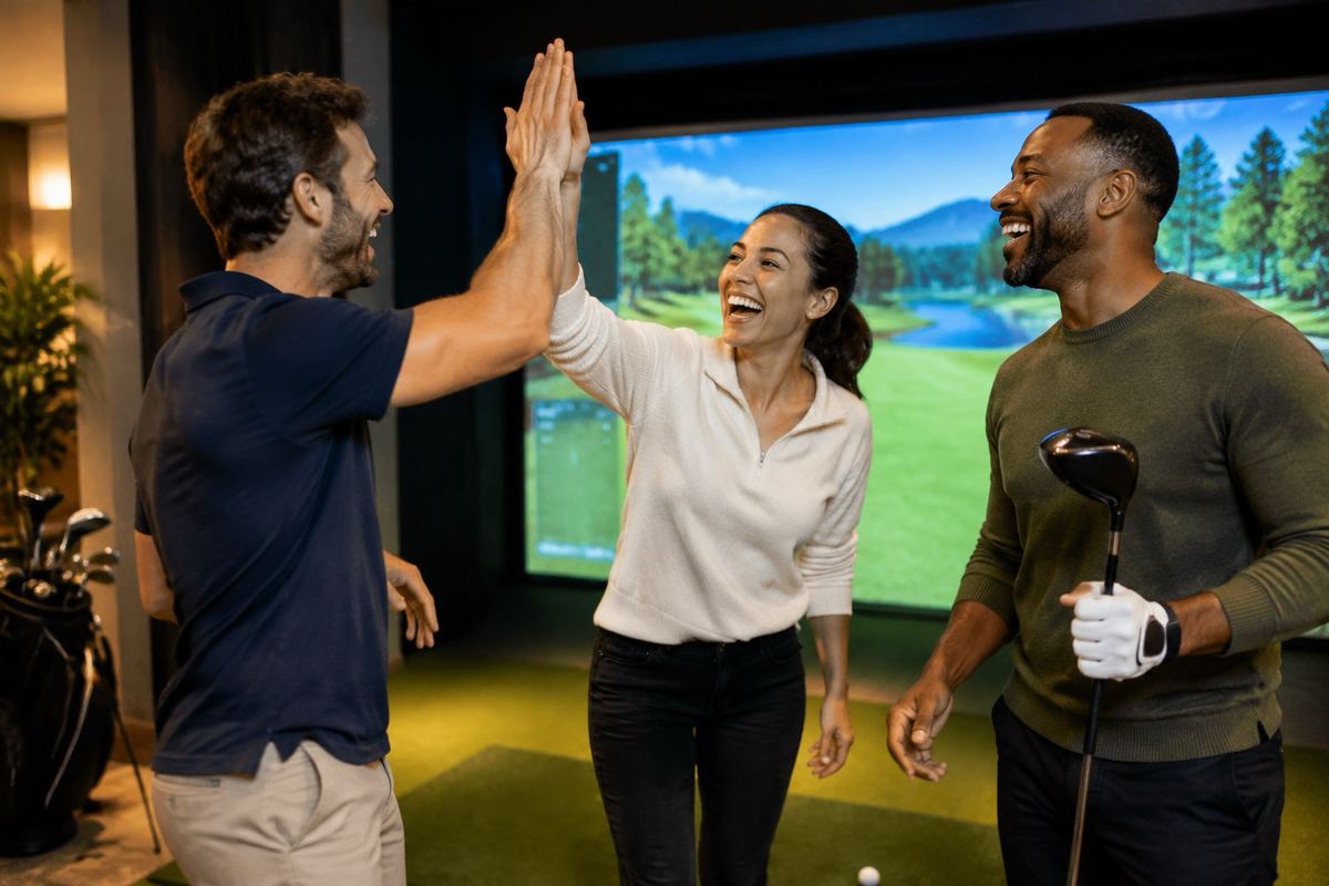 Friends celebrating a shot in a simulator bay
