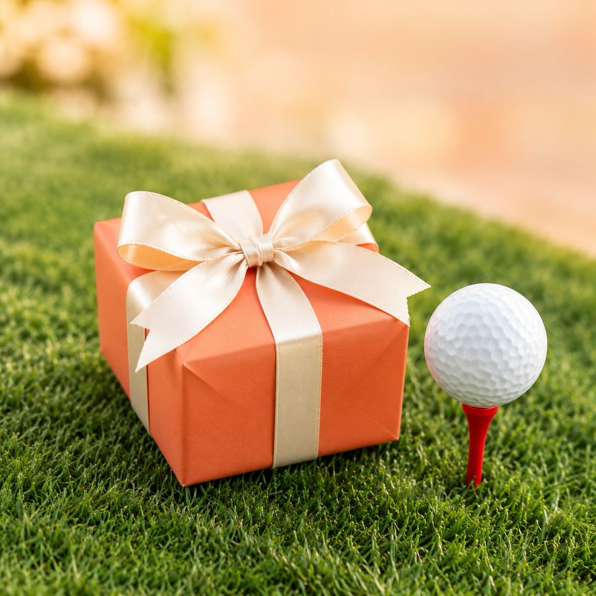 Gift box next to a golf ball on a red tee