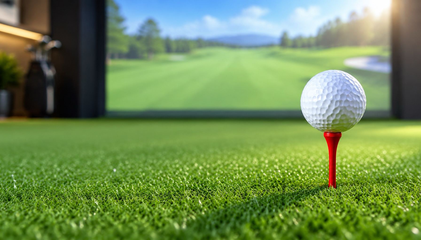 Golf ball on a red tee in front of a golf simulator screen